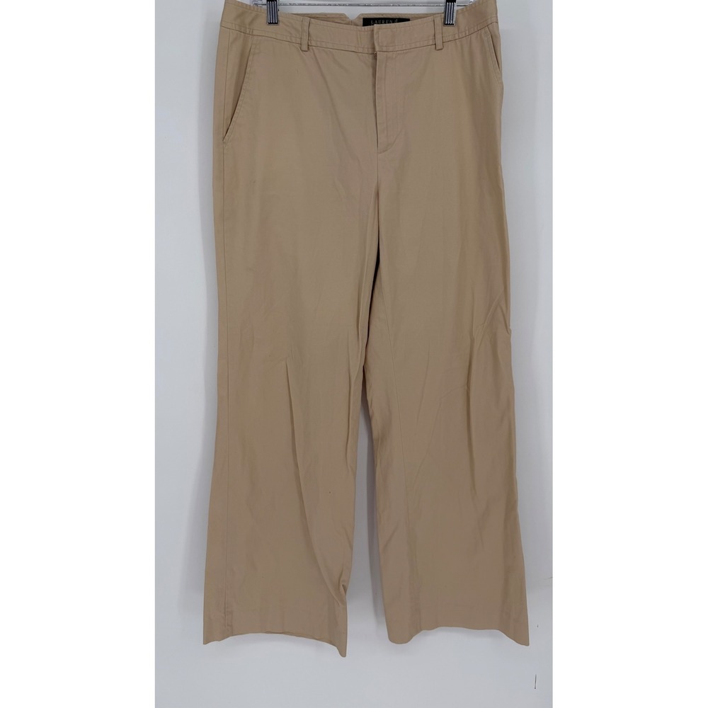 Lauren Ralph Lauren Wide Leg Pants Premium Khaki Trousers Tan Cotton Size 10